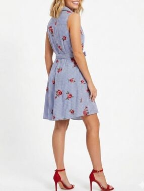 Blue Striped Sleeveless Shirt Dress Sz 6 Rose Embroidery Clean Girl Soft Girl